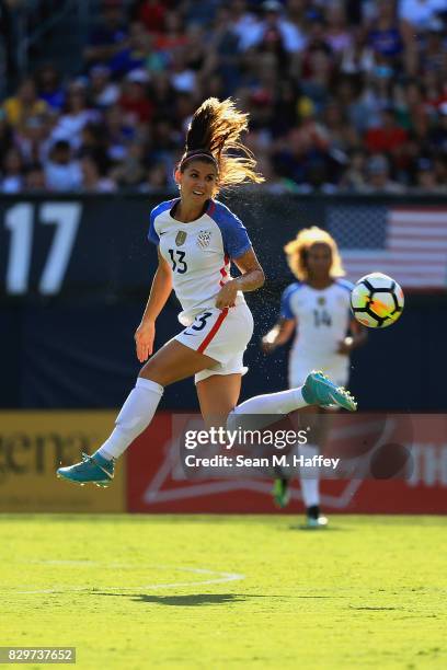 Alex Morgan of the United States of Brazil heads a ball during the first half of a match in the 2017 Tournament of Nations at Qualcomm Stadium on...