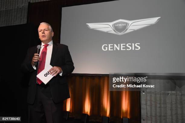 Michael Dietz speaks onstage at OUT Magazine's OUT POWER 50 gala and award presentation presented by Genesis on August 10, 2017 in Los Angeles,...