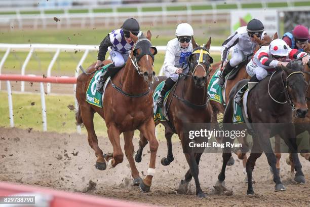 Lycka Till ridden by Patrick Moloney wins the Burke Britton Financial Partners BM70 Handicap at Geelong Synthetic Racecourse on August 11, 2017 in...