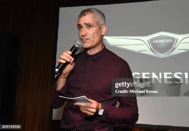 Editor in chief of OUT Magazine Aaron Hicklin speaks onstage at OUT Magazine's OUT POWER 50 gala and award presentation presented by Genesis on...