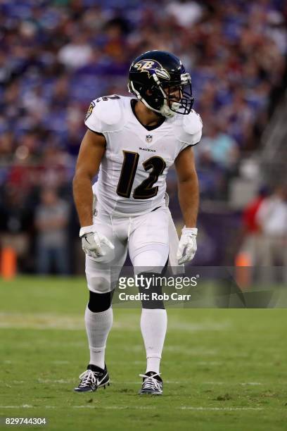 Wide receiver Michael Campanaro of the Baltimore Ravens lines up against the Washington Redskins during a preseason game at M&T Bank Stadium on...