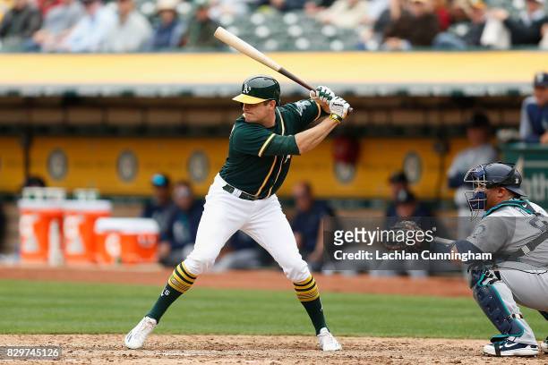 Jaycob Brugman of the Oakland Athletics at bat in the fourth inning against the Seattle Mariners at Oakland Alameda Coliseum on August 9, 2017 in...