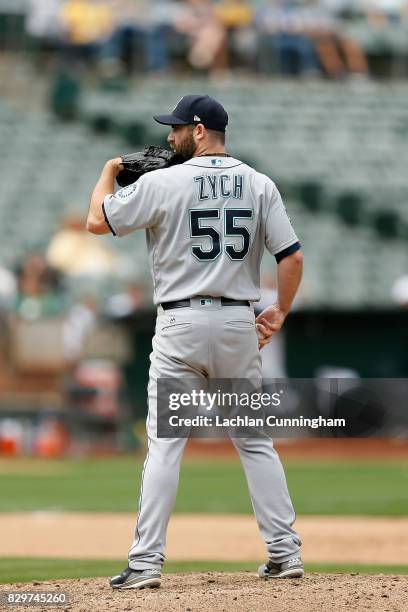 Tony Zych of the Seattle Mariners pitches in the eighth inning against the Oakland Athletics at Oakland Alameda Coliseum on August 9, 2017 in...