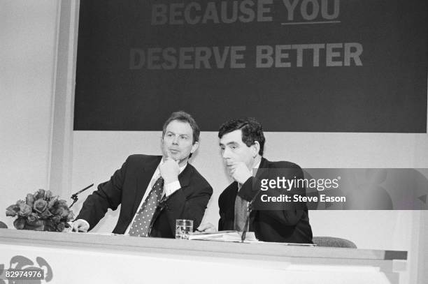 Labour leader Tony Blair with Shadow Chancellor Gordon Brown at a Labour Party press conference, during the party's general election campaign, 29th...