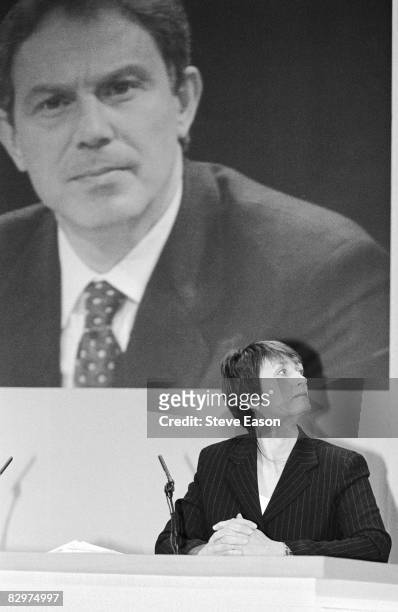 Labour MP Tessa Jowell at a press conference, during her party's general election campaign, 28th April 1997. Labour leader Tony Blair appears on a...