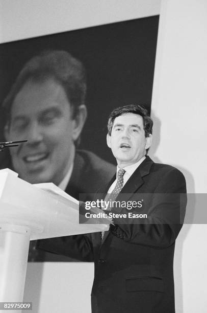 Labour Shadow Chancellor Gordon Brown at a press conference, during his party's general election campaign, 28th April 1997. Labour leader Tony Blair...