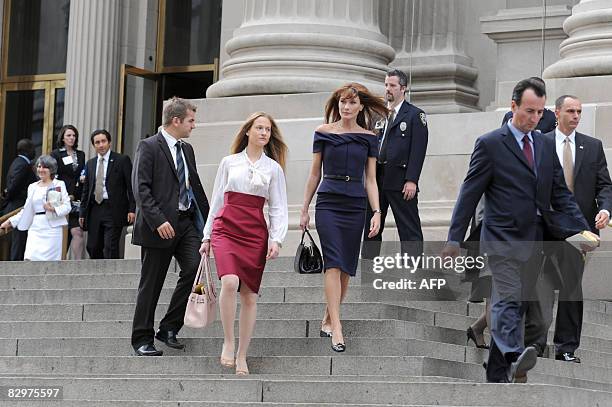 French First lady Carla Bruni-Sarkozy leaves with her half-sister Consuelo Remmert the Metroplitain Museum after attending the First Lady lunch for...