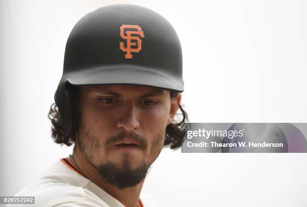 Jarrett Parker of the San Francisco Giants looks on from the on-deck circle against the Chicago Cubs in the bottom of the first inning at AT&T Park...