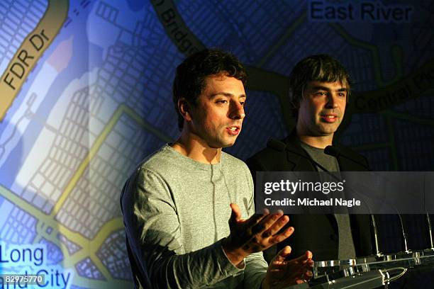 Google founders Larry Page and Sergey Brin speak at a press conference announcing Google's launch of a new transit mapping feature of Google Maps...