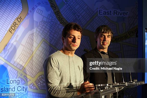 Google founders Larry Page and Sergey Brin speak at a press conference announcing Google's launch of a new transit mapping feature of Google Maps...