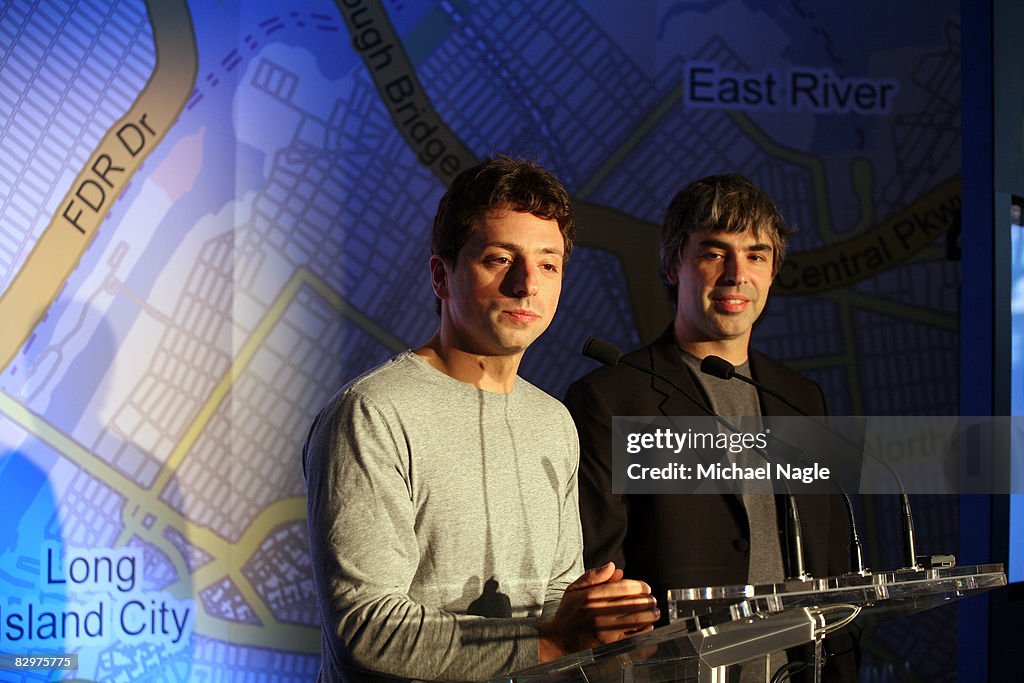 Google founders Larry Page and Sergey Brin speak at a press... News ...