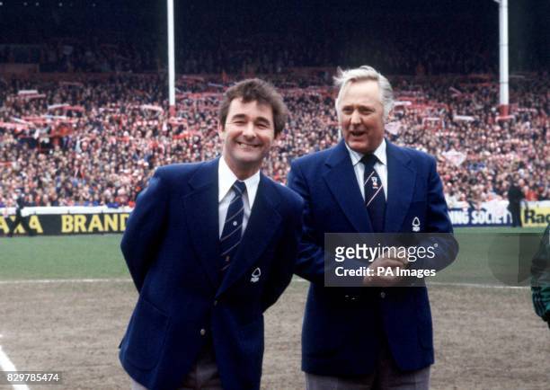 Nottingham Forest manager Brian Clough beams for the cameras, as his assistant Peter Taylor looks on, during the celebrations of Forest's first ever...