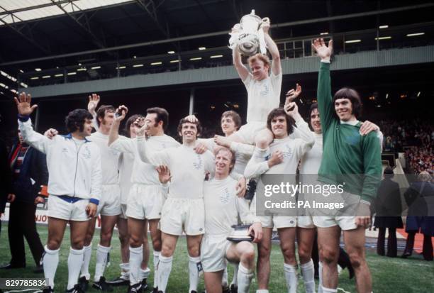 Leeds United celebrate winning the FA Cup: Mick Bates, Paul Madeley, Eddie Gray, Paul Reaney, Johnny Giles, Jack Charlton, Allan Clarke, Billy...