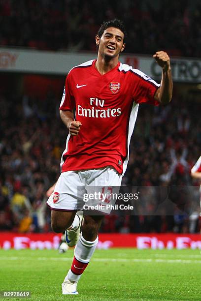 Carlos Vela of Arsenal celebrates scoring his third goal during the Carling Cup Third Round match between Arsenal and Sheffield United at the...