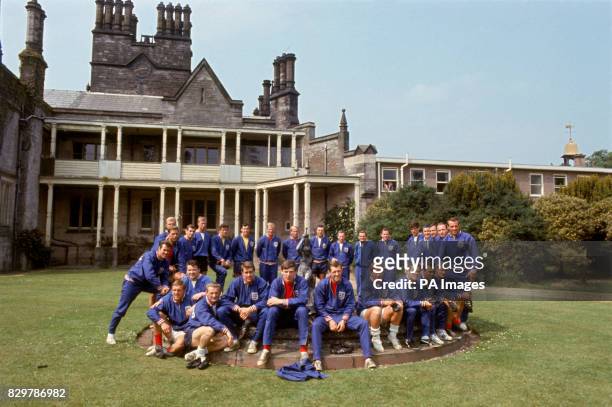 The possible members of England's World Cup squad gather around a fountain at Lilleshall: John Connelly, Gordon Milne, Bobby Moore , Ian Callaghan,...