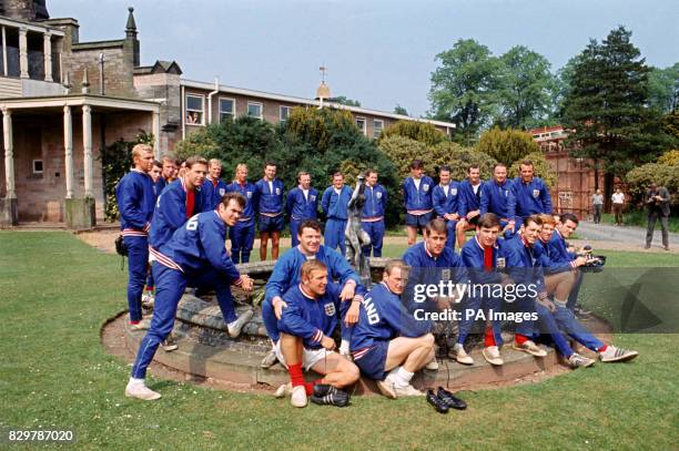 The possible members of England's World Cup squad gather around a fountain at Lilleshall: Bobby Moore, Ian Callaghan, Jack Charlton, Peter Bonetti,...