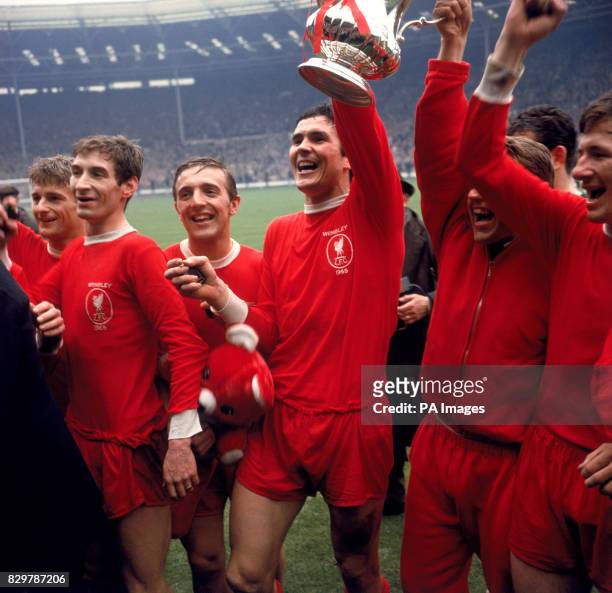 Liverpool's Roger Hunt, Geoff Strong, Peter Thompson, Ron Yeats, Gordon Milne and Tommy Smith celebrate with the FA Cup after their 2-1 win