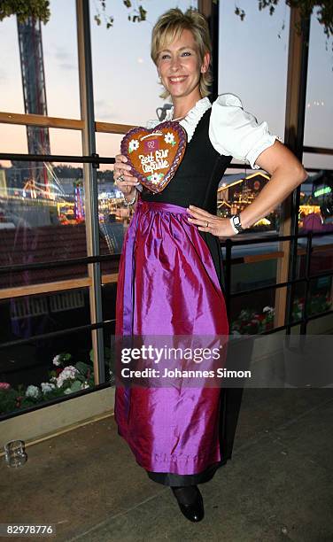 Claudia Jung attends the GoldStar TV Wiesn event at Kuffler's Weinzelt beer tent during day 4 of Oktoberfest beer festival on September 23, 2008 in...