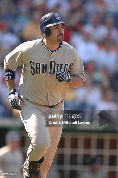 Adrian Gonzalez of the San Diego Padres hits a home run during a baseball game against the Washington Nationals on September 21, 2008 at Nationals...