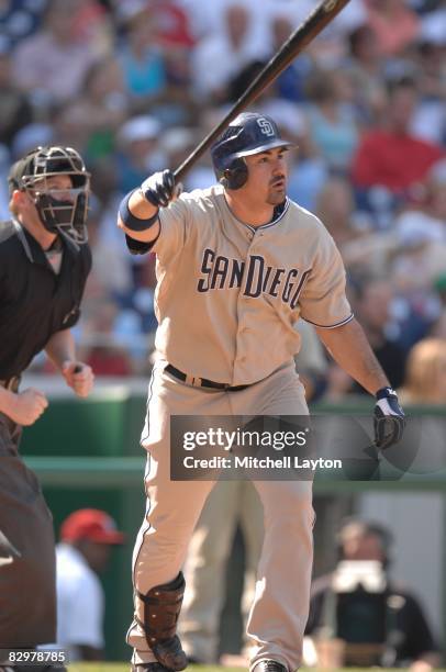 Adrian Gonzalez of the San Diego Padres hits a home run during a baseball game against the Washington Nationals on September 21, 2008 at Nationals...