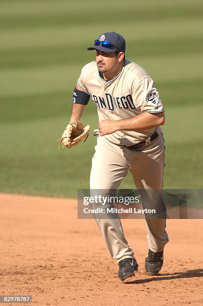 Adrian Gonzlaez of the San Diego Padres prepares to field a ground ball during a baseball game against the Washington Nationals on September 21, 2008...