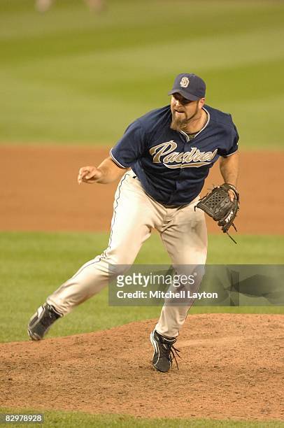 Heath Bell of the San Diego Padres pitches during a baseball game against the Washington Nationals on September 19, 2008 at Nationals Park in...
