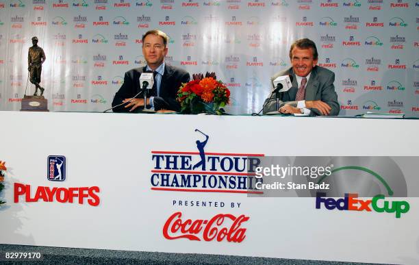 Davis Love III, left, was named the recipient of the 2008 Payne Stewart Award as PGA TOUR Commissioner Tim Finchem smiles during a Tuesday's news...