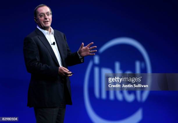 Intel President and CEO Paul S. Otellini speaks during his keynote address at the 2008 Oracle OpenWorld conference September 23, 2008 in San...