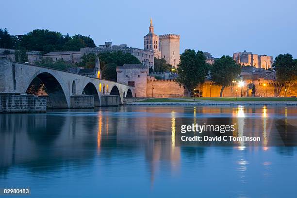 view at dusk to the papal palace, avignon, france - rhone river stock pictures, royalty-free photos & images