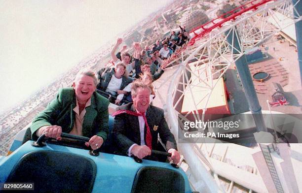 BLACKPOOL PLEASURE BEACH MANAGER GEOFFREY THOMPSON AND HIS WIFE TAKE THE FIRST RIDE ON THE AMUSEMENT PARK'S NEW ROLLER COASTER.