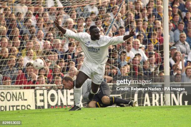 Tony Yeboah celebrates scoring for Leeds United in their 4-2 won over Wimbledon.