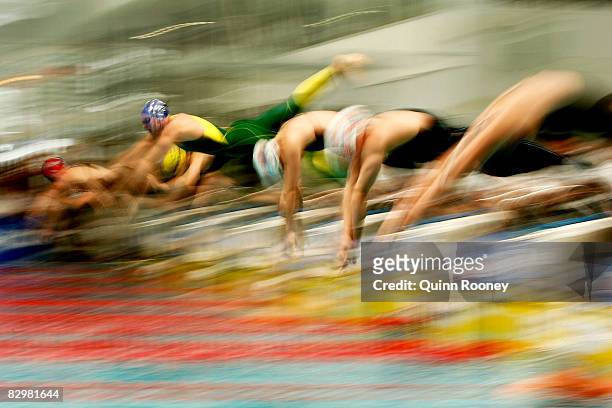 Competitors jump off the blocks in the Heats of the Womens 200 metre Freestyle during day five of the Australian Short Course Championships at the...