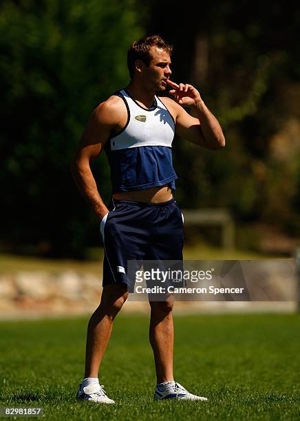 Brett Stewart of the Sea Eagles prepares for a drill during a Manly Warringah Sea Eagles training session at the NSW Academy of Sport in Narrabeen on...