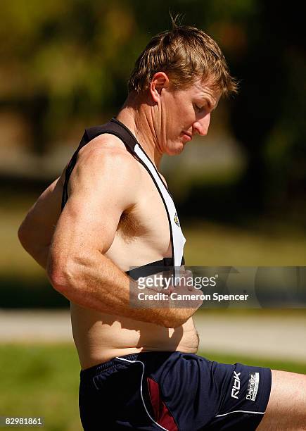 Steve Menzies of the Sea Eagles connects a heart rate monitor during a Manly Warringah Sea Eagles training session at the NSW Academy of Sport in...