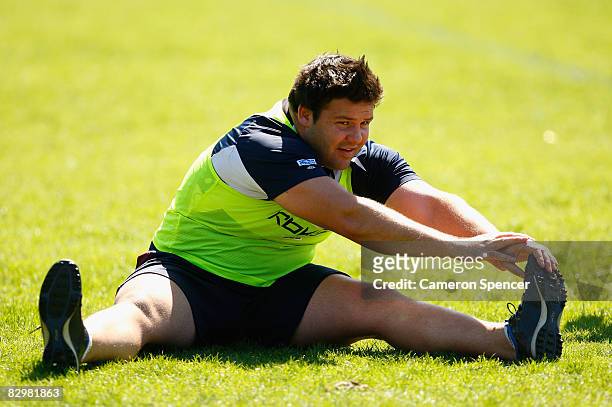 George Rose of the Sea Eagles stretches during a Manly Warringah Sea Eagles training session at the NSW Academy of Sport in Narrabeen on September...