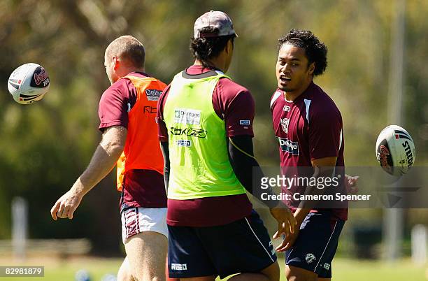 Steve Matai of the Sea Eagles passes the ball during a Manly Warringah Sea Eagles training session at the NSW Academy of Sport in Narrabeen on...