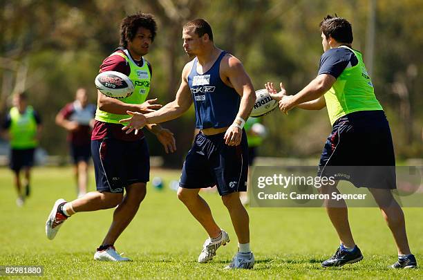 Anthony Watmough of the Sea Eagles passes the ball during a Manly Warringah Sea Eagles training session at the NSW Academy of Sport in Narrabeen on...