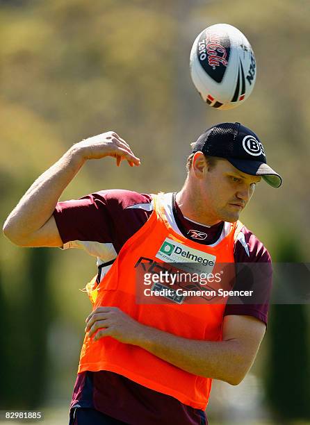 Mark Bryant of the Sea Eagles passes the ball during a Manly Warringah Sea Eagles training session at the NSW Academy of Sport in Narrabeen on...
