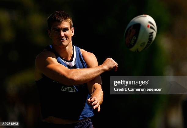 Matt Ballin of the Sea Eagles passes the ball during a Manly Warringah Sea Eagles training session at the NSW Academy of Sport in Narrabeen on...