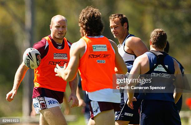 Steve Bell of the Sea Eagles passes the ball during a Manly Warringah Sea Eagles training session at the NSW Academy of Sport in Narrabeen on...