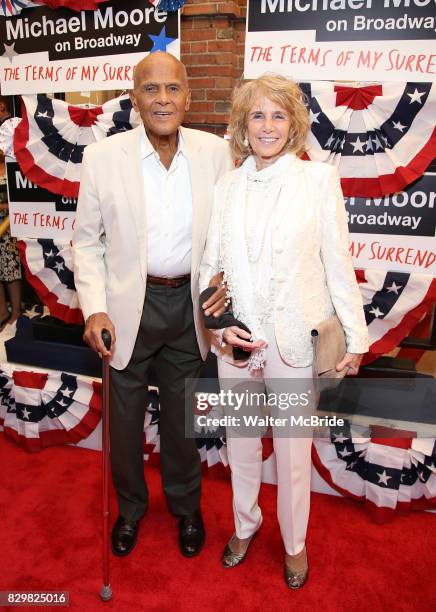 Harry Belafonte and Pamela Frank attend the Broadway Opening Night Performance for 'Michael Moore on Broadway' at the Belasco Theatre on August 10,...