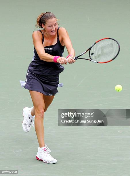 Shahar Peer of Israel plays a shot against Ayumi Morita of Japan during day five of the 2008 Hansol Korea Open at Seoul Olympic Park Stadium on...