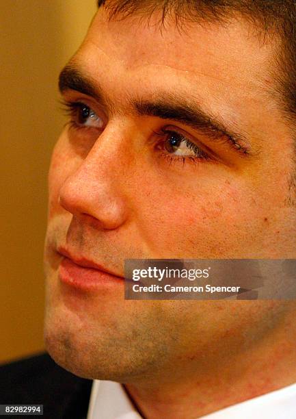 Cameron Smith of the Melbourne Storm waits at NRL Headquarters for an NRL judiciary hearing to commence on September 24, 2008 in Sydney, Australia....