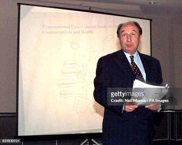 Profesor Walter O. Spitzer talking at a press conference in London today . Professor Spitzer flew into London from Canada last night following his...