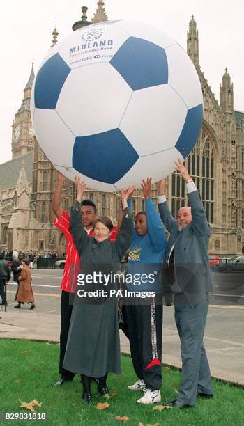 Former England player Paul Elliott, politician Glenda Jackson, England soccer star John Barnes, and shadow sports minister Tom Pendry, at this...