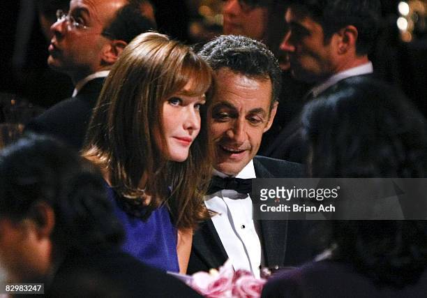 First lady of France Carla Bruni-Sarkozy and President of France Nicolas Sarkozy at the Elie Wiesel Foundation for Humanity to Honor French President...
