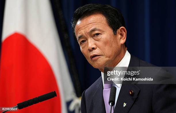 New Japanese Prime Minister Taro Aso announces his new cabinet during a press conference at the Prime Minister's official residence on September 24,...