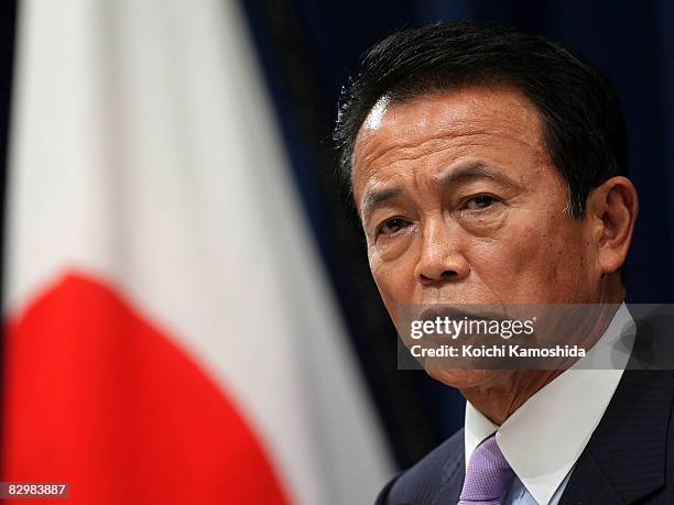 New Japanese Prime Minister Taro Aso announces his new cabinet during a press conference at the Prime Minister's official residence on September 24,...