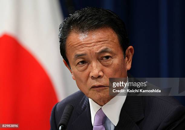 New Japanese Prime Minister Taro Aso announces his new cabinet during a press conference at the Prime Minister's official residence on September 24,...