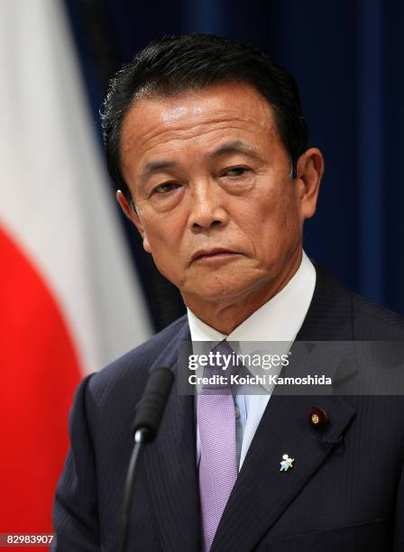 New Japanese Prime Minister Taro Aso announces his new cabinet during a press conference at the Prime Minister's official residence on September 24,...